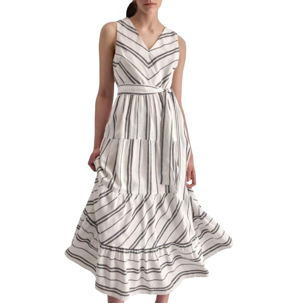 DKNY Women's Striped Linen-Blend VNeck Sleeveless Tie Waist Midi Dress Sz 6 $134